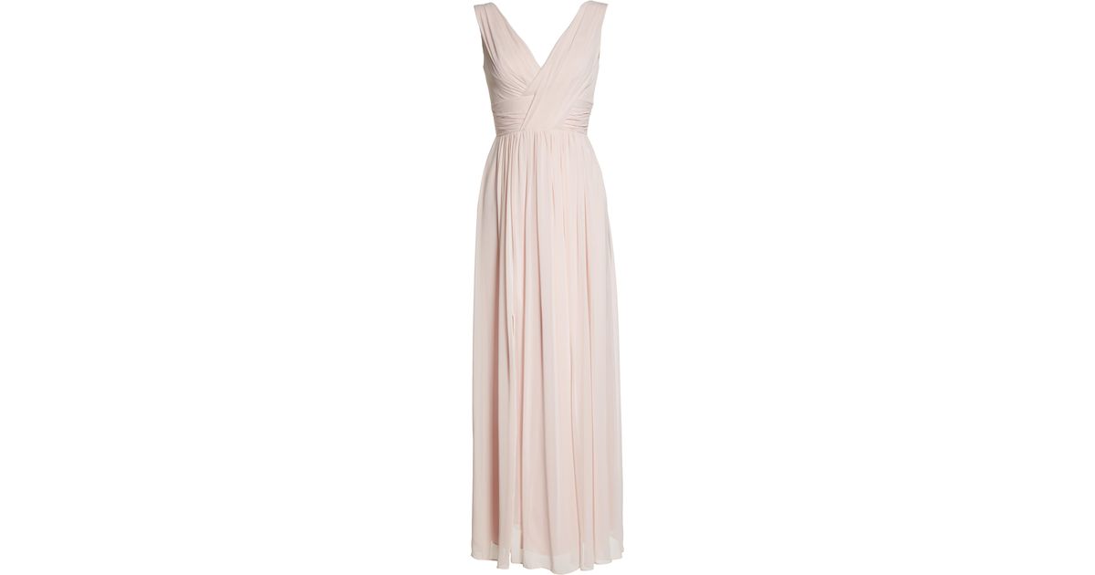 dessy surplice ruched chiffon gown