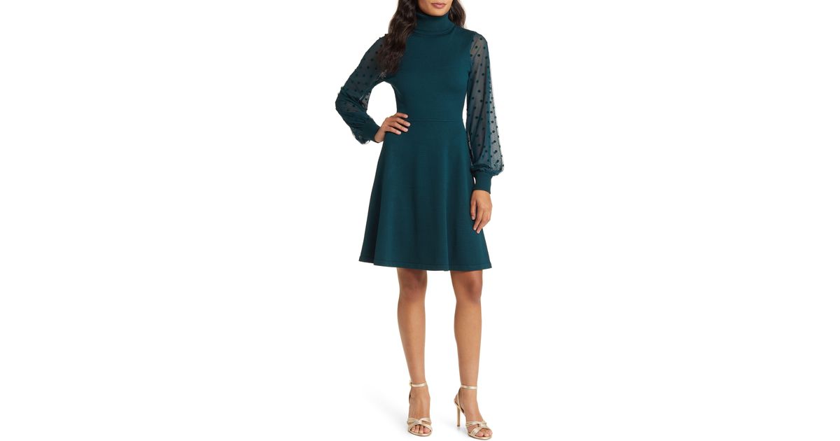 Eliza J Mixed Media Long Sleeve Fit & Flare Dress in Blue Lyst