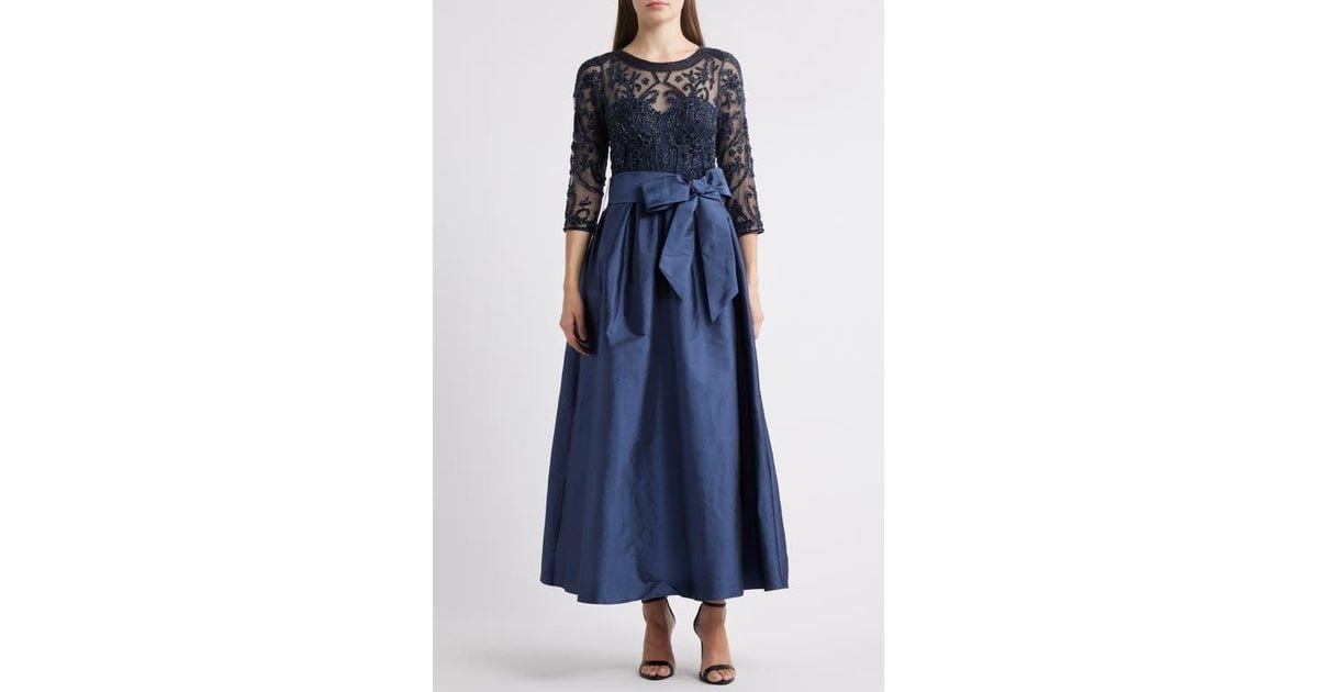 pisarro nights beaded illusion neck dress Pisarro Nights Women's Beaded Mesh Mock Two-Piece Gown - Black