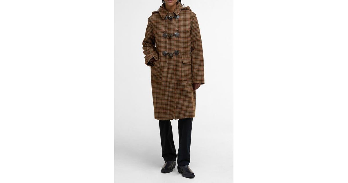 Barbour Melody Houndstooth Check Wool Blend Duffle Coat in Brown