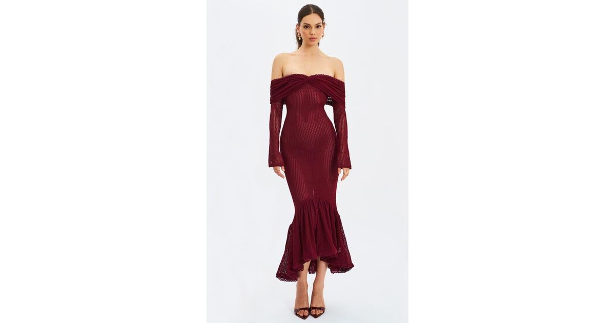 Miss Circle Kaedyn Off Shoulder Long Sleeve Crochet Mermaid Maxi Dress in  Red | Lyst