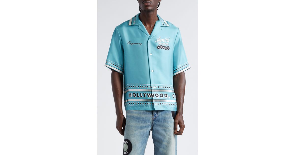 Amiri Record Print Short Sleeve Silk Camp Shirt in Blue for Men | Lyst
