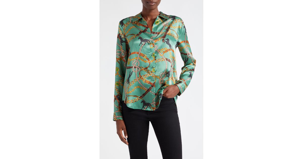 L'Agence Tyler Horse Print Silk Shirt in Green Lyst