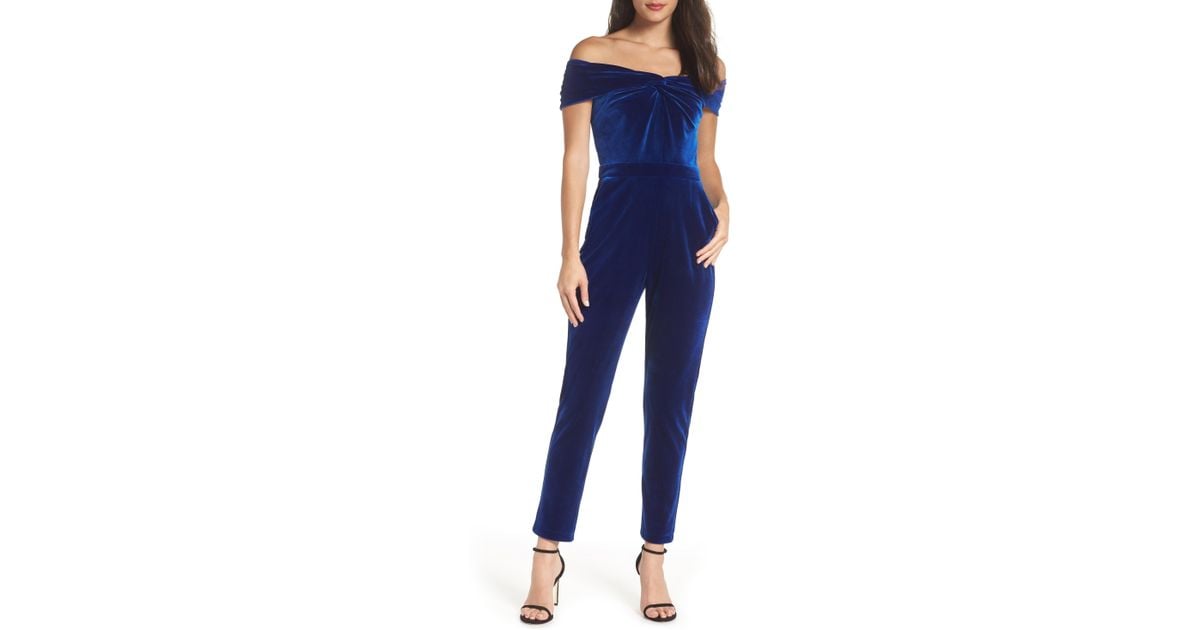 adelyn rae off the shoulder velvet jumpsuit