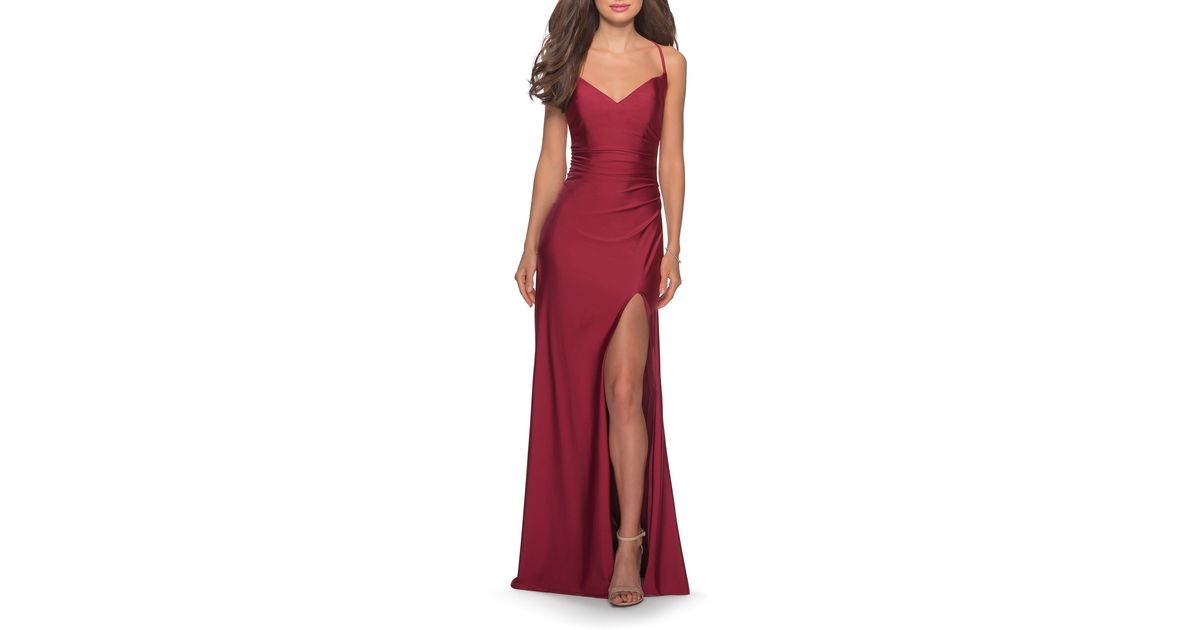 La Femme Cross Back Satin Jersey Trumpet Gown in Burgundy (Red) - Lyst