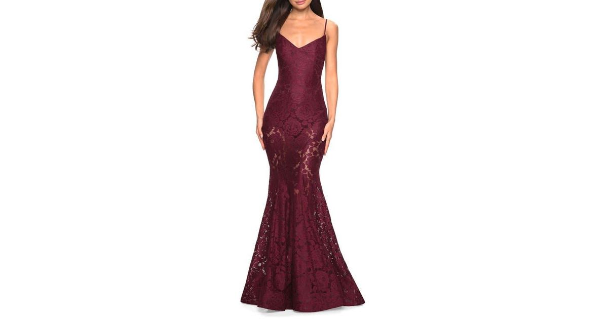 La Femme Long Form Fitting Lace Prom Dress With Attached Shorts in Red |  Lyst