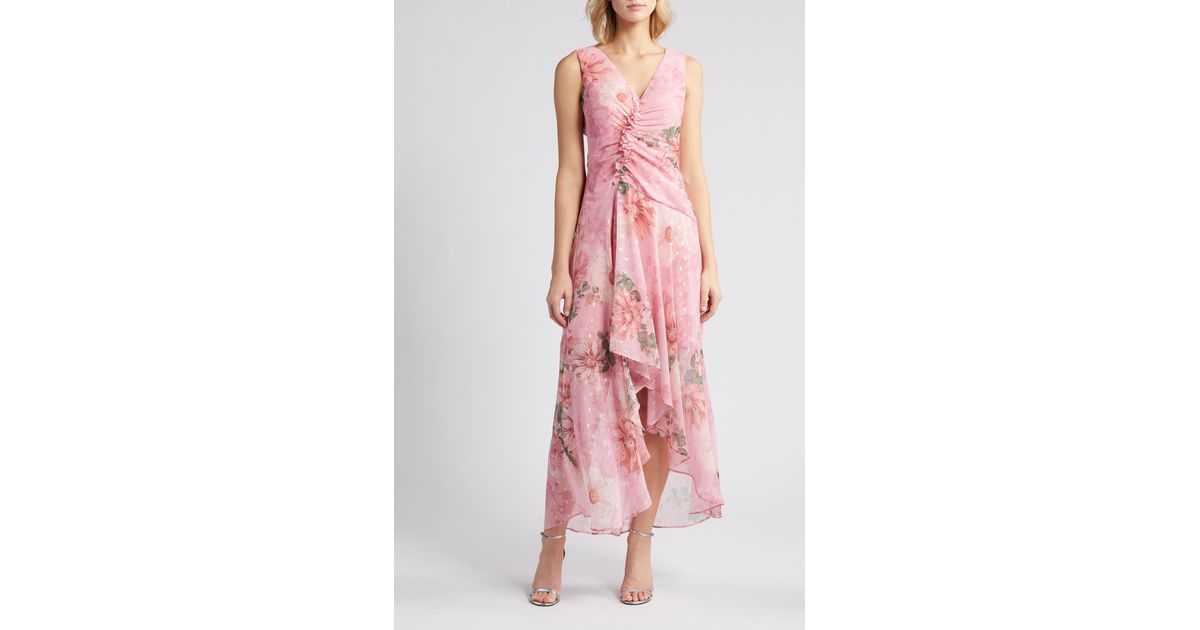 Floral ruched chiffon faux wrap dress eliza j hot sale
