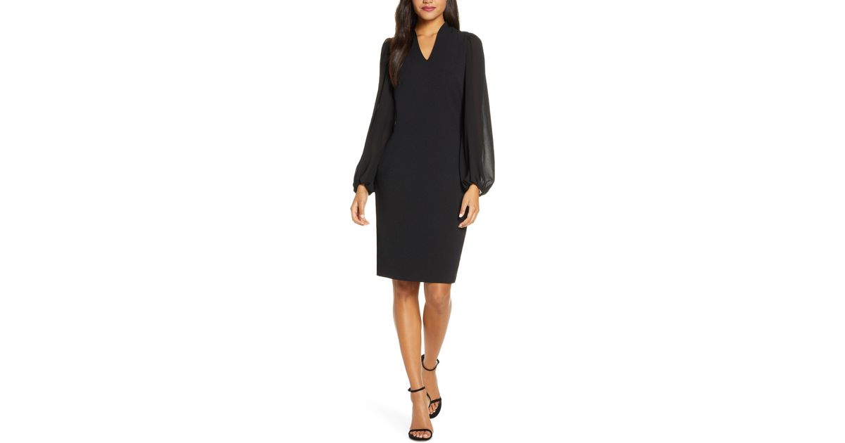 Vince Camuto Crepe & Chiffon Long Sleeve Dress in Black - Lyst