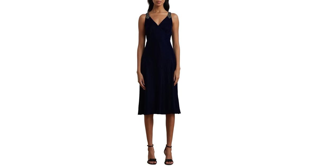Ralph Lauren Beaded Strap Velvet Cocktail Fit & Flare Dress in Black | Lyst