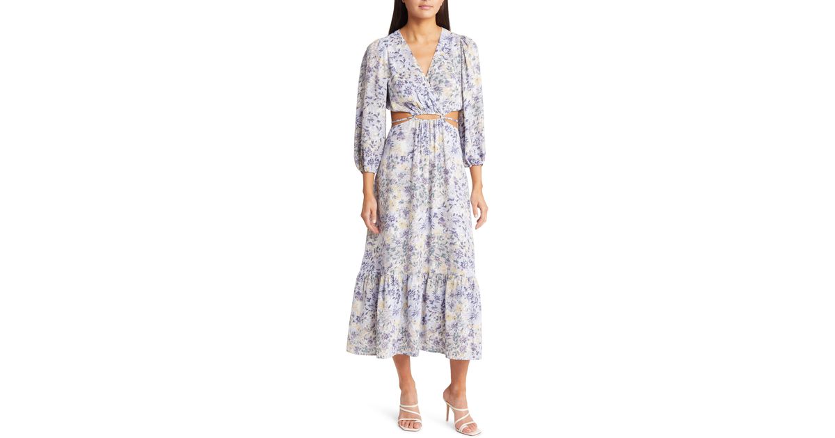 FLORET STUDIOS Floral Long Sleeve Cutout Waist Dress | Lyst