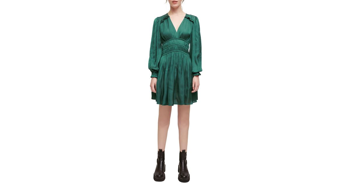Maje Rianna Smock Waist Long Sleeve Satin Dress in Green | Lyst