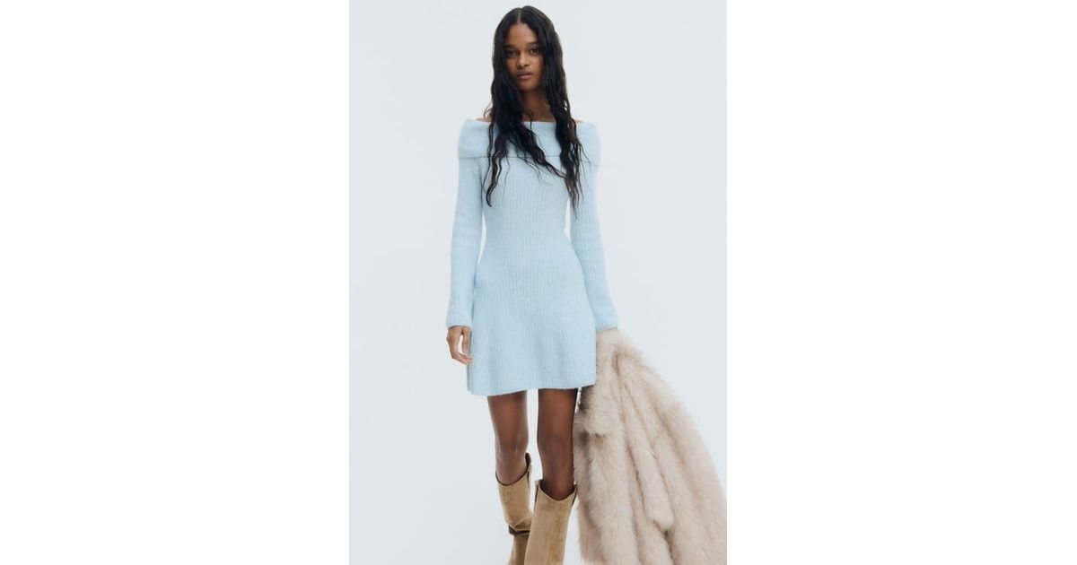 h&m blue off shoulder dress H&M Rib-Knit Off-The-Shoulder Dress in Blue