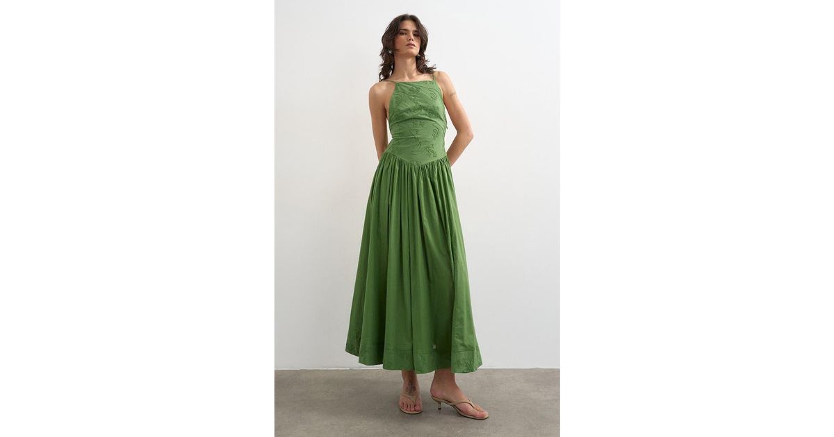 TOPSHOP Embroidered Open Back Cotton Maxi Dress in Green