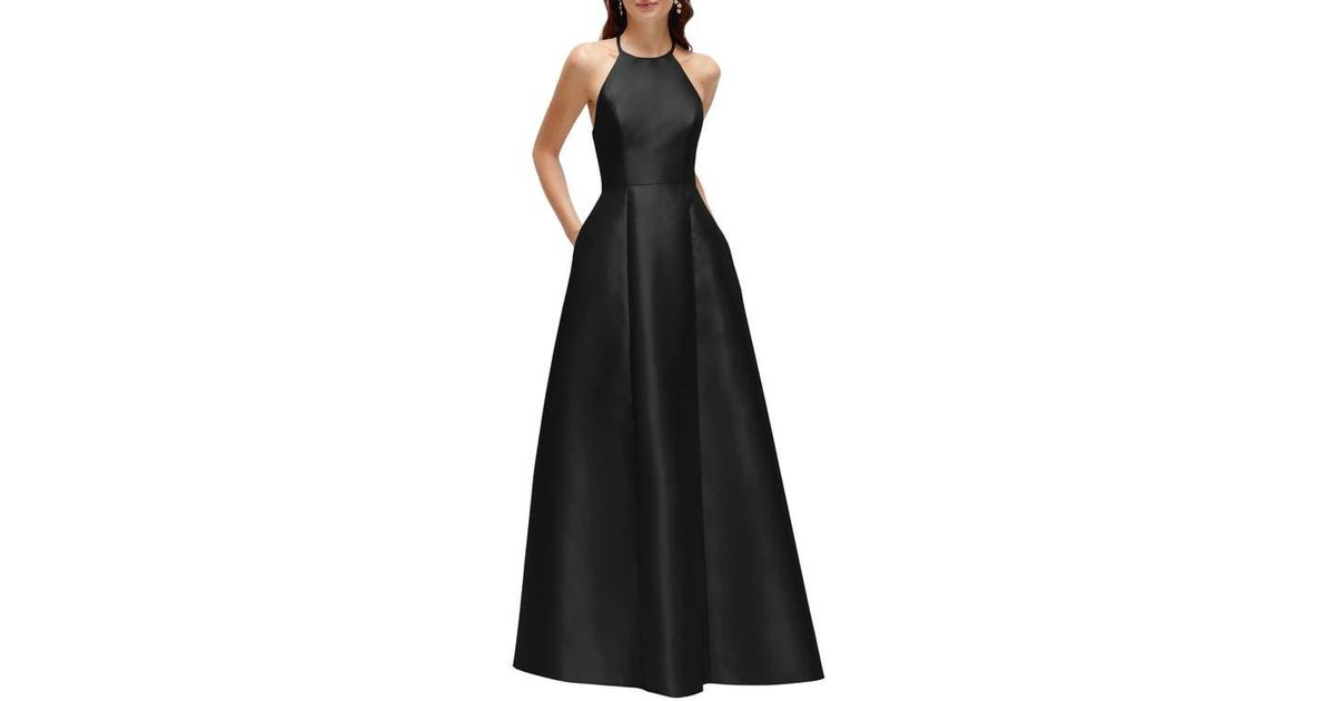 Alfred Sung D840 Open Neckline Cutout Satin Twill A-line Gown With Pockets