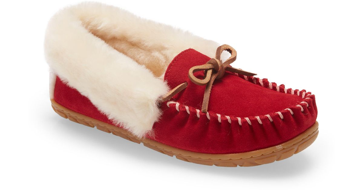 L.L. Bean Wicked Good Genuine Shearling Moccasin Slipper in Red Lyst