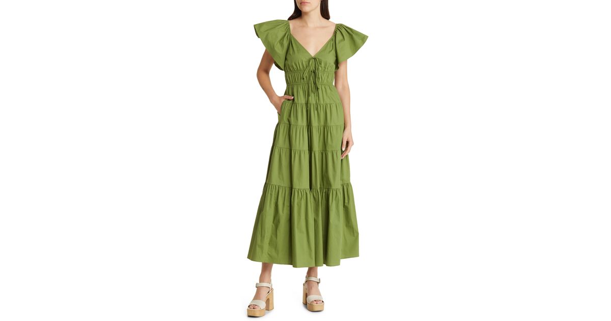 Moon River Flutter Sleeve Tiered Stretch Cotton Maxi Dress in Green | Lyst