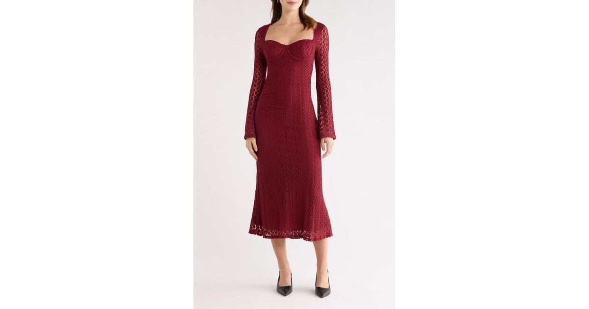 Astr Tamia Long Sleeve Lace Midi Dress in Red | Lyst