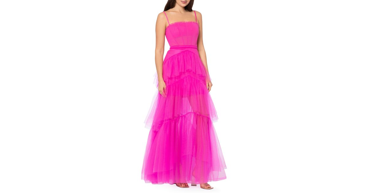 Betsy & Adam Tiered Tulle Ruffle Gown in Pink | Lyst