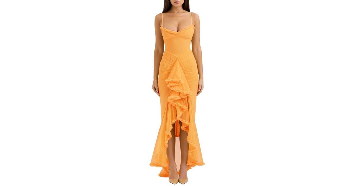 gabbi ruffle mesh high-low cocktail dress House of Cb Gabbi Apricot Ruffled Front Gown Size XS, $85 to hire RRP $463 Features include: Front ruffle as a standout feature Beautiful silhouette gathered at the hip for