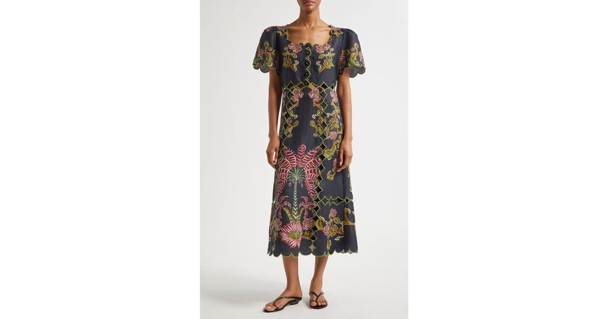 FARM Rio Ravenala Floral Short Sleeve Midi Dress in Black | Lyst