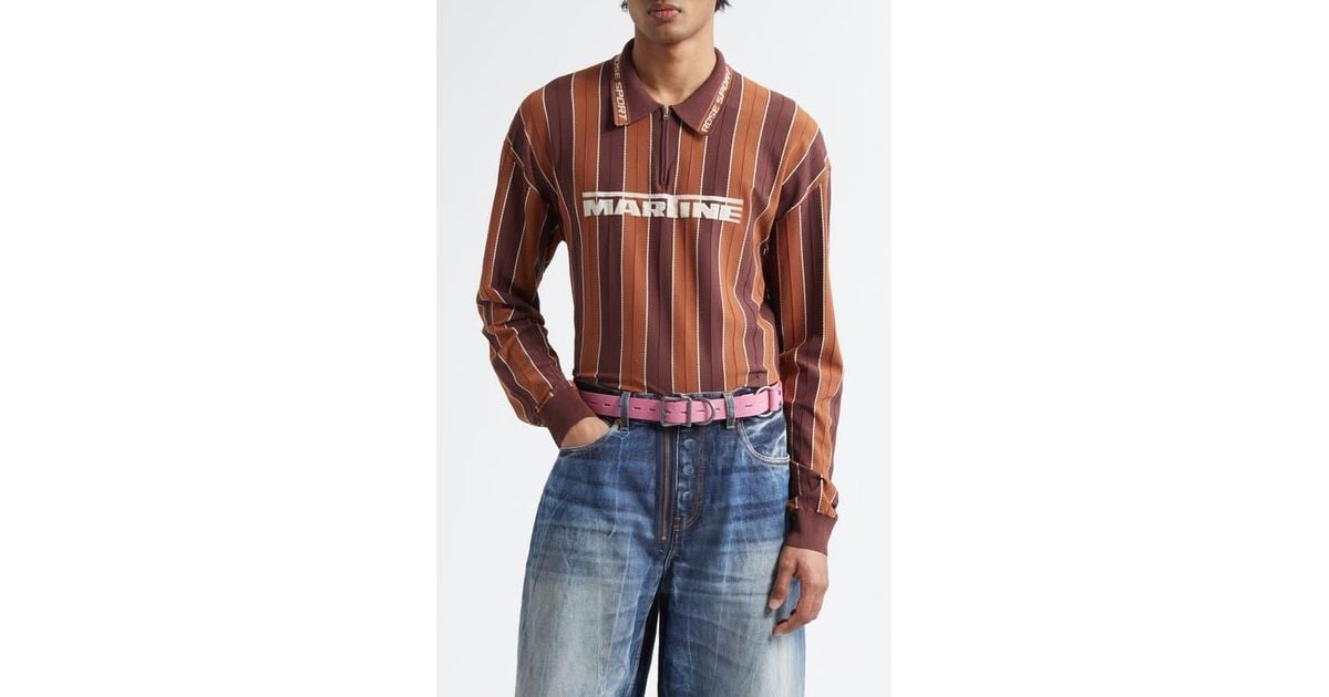 Martine Rose Logo Jacquard Stripe Long Sleeve Zip Polo in Brown