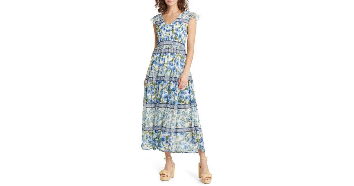 Moon River Floral Smocked Maxi Dress in Blue | Lyst