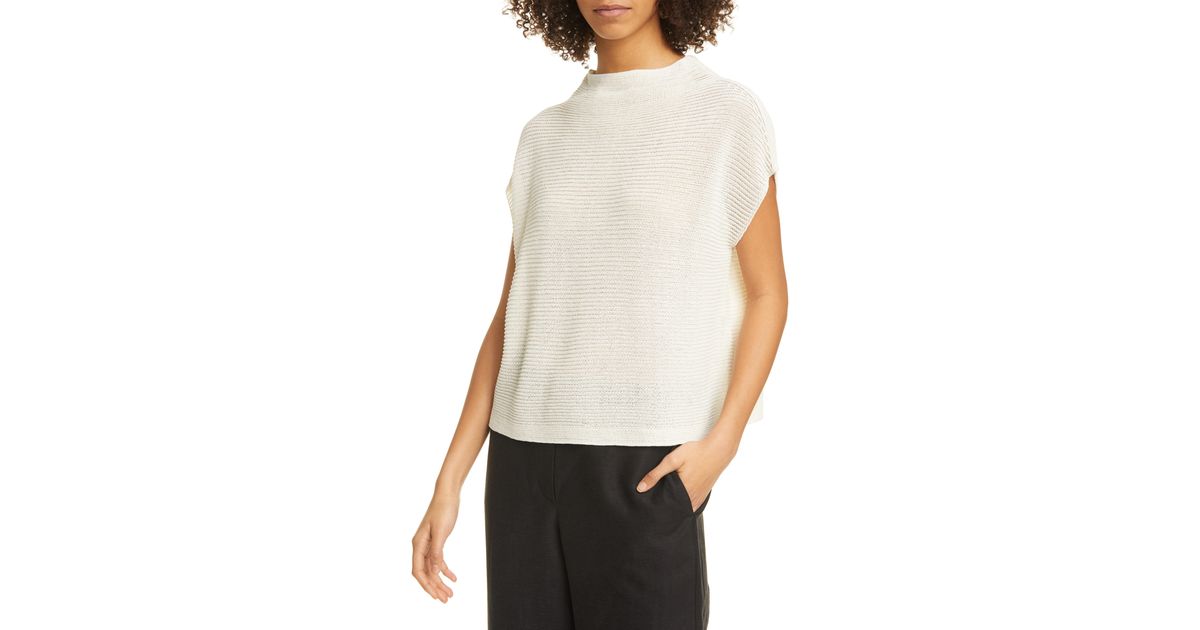 Eileen Fisher Funnel Neck Organic Cotton Boxy Sweater in White | Lyst