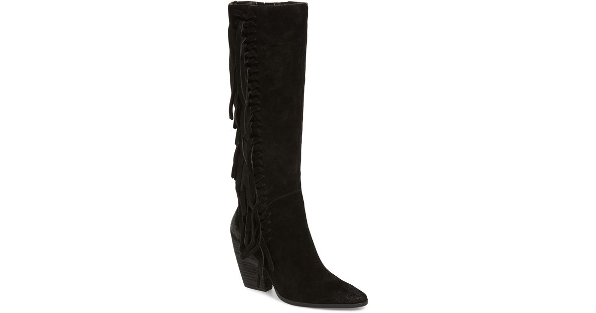 black fringe knee high boots