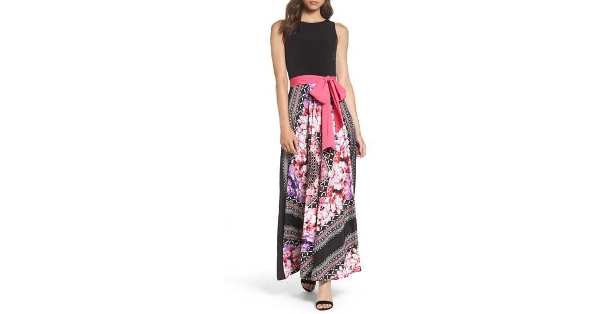 scarf print jersey & crêpe de chine maxi dress