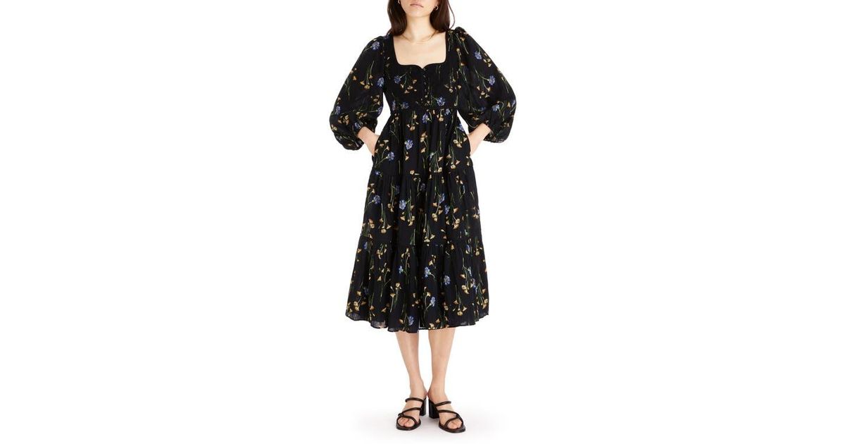 Madewell Xiomara Floral Print Long Sleeve Cotton Dress in Black | Lyst