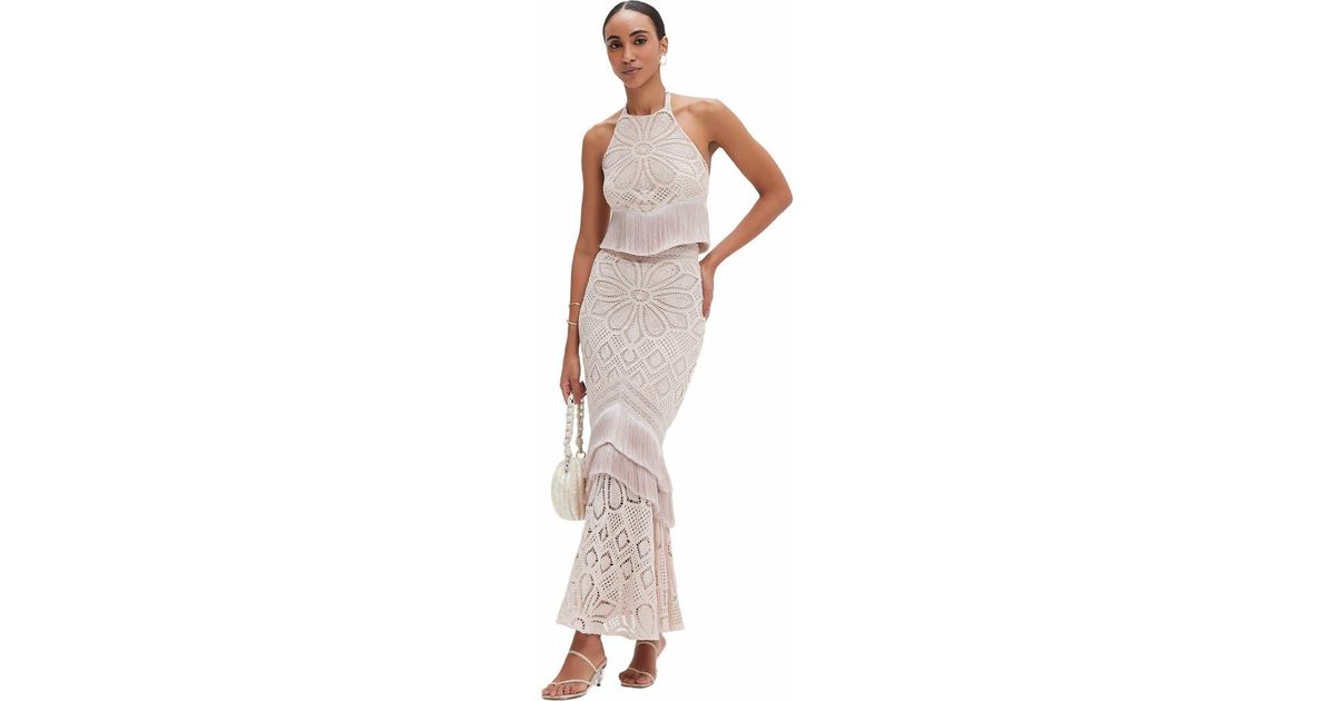 Striped Crochet Fringe Trim Maxi Skirt Natural - PatBO main image 1