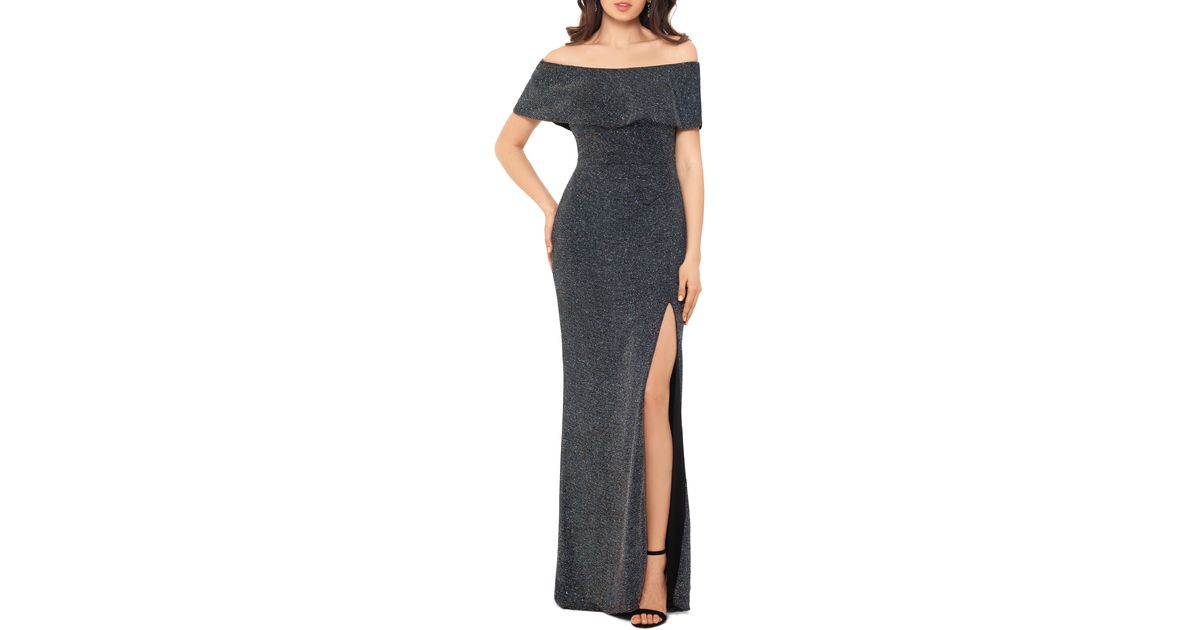 xscape off the shoulder glitter gown