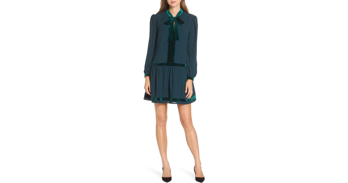 1901 velvet trim tie neck dress