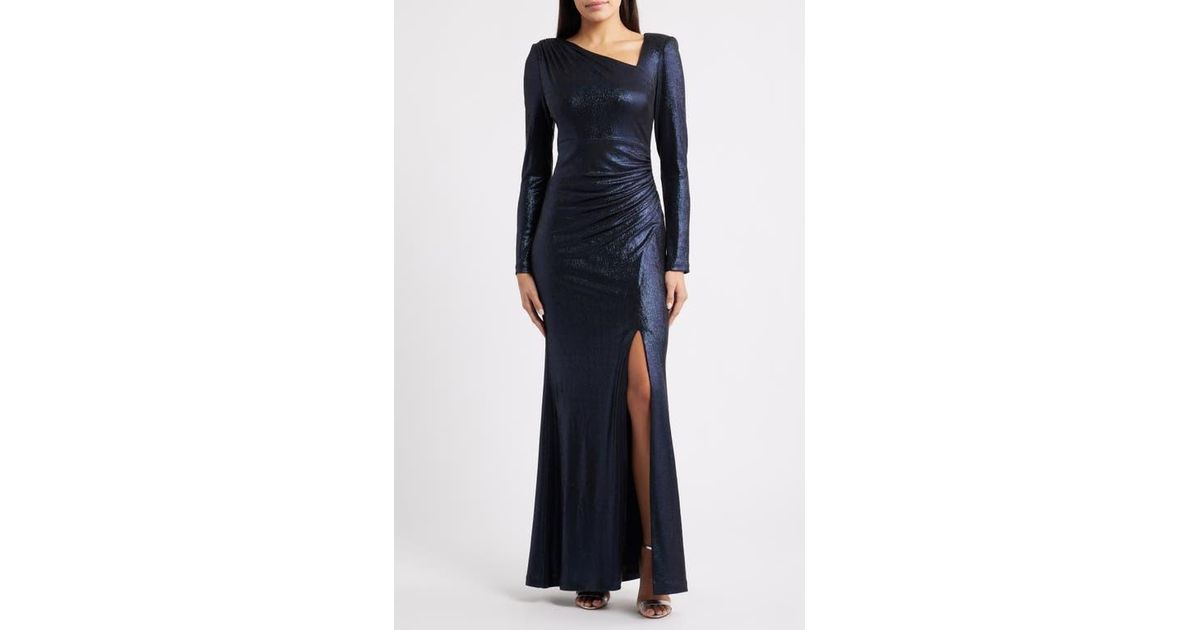 Eliza J Ruched Asymmetric Neck Long Sleeve Maxi Dress in Blue | Lyst