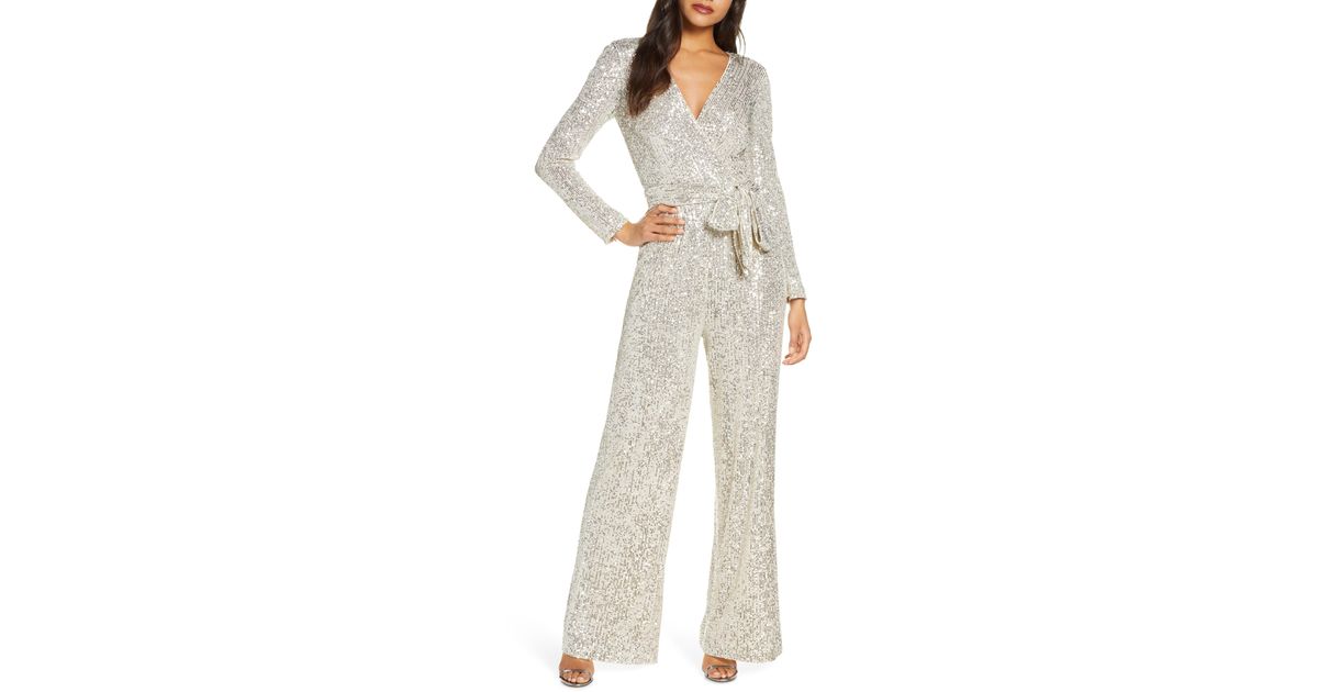 sequin wrap front long sleeve gown eliza j