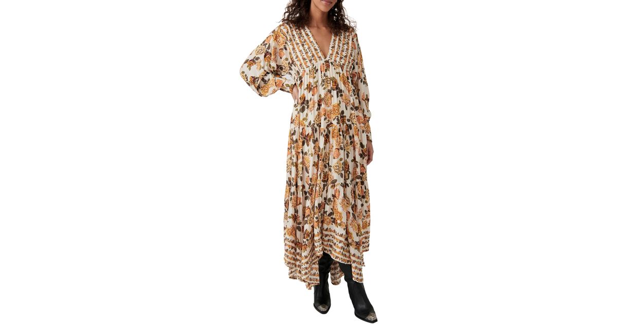 Free People Rows Of Roses Long Sleeve Maxi Dress in Natural | Lyst