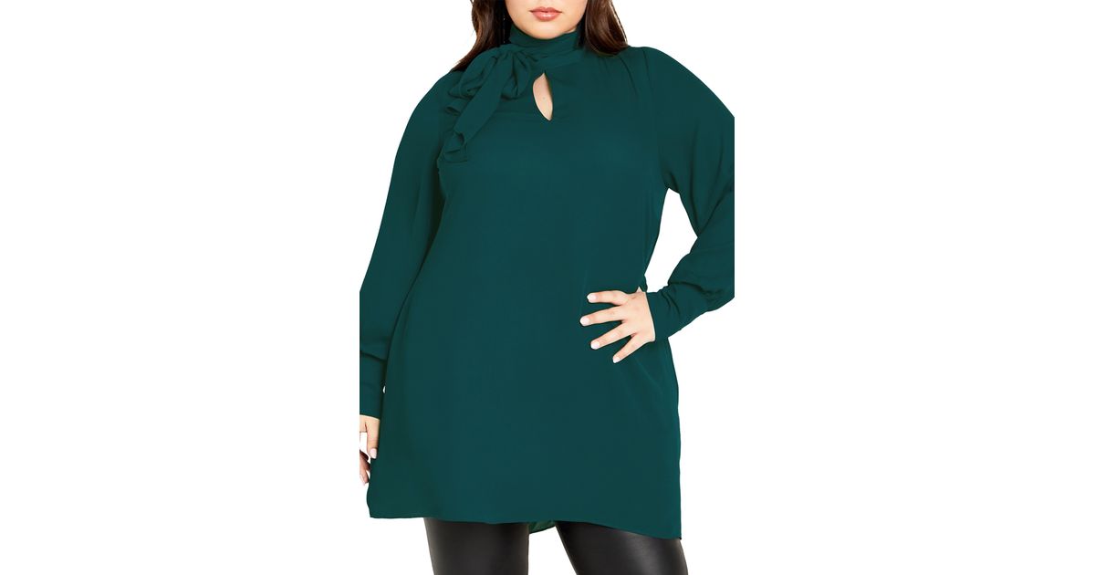 City Chic Tie Neck Tunic Top in Green | Lyst
