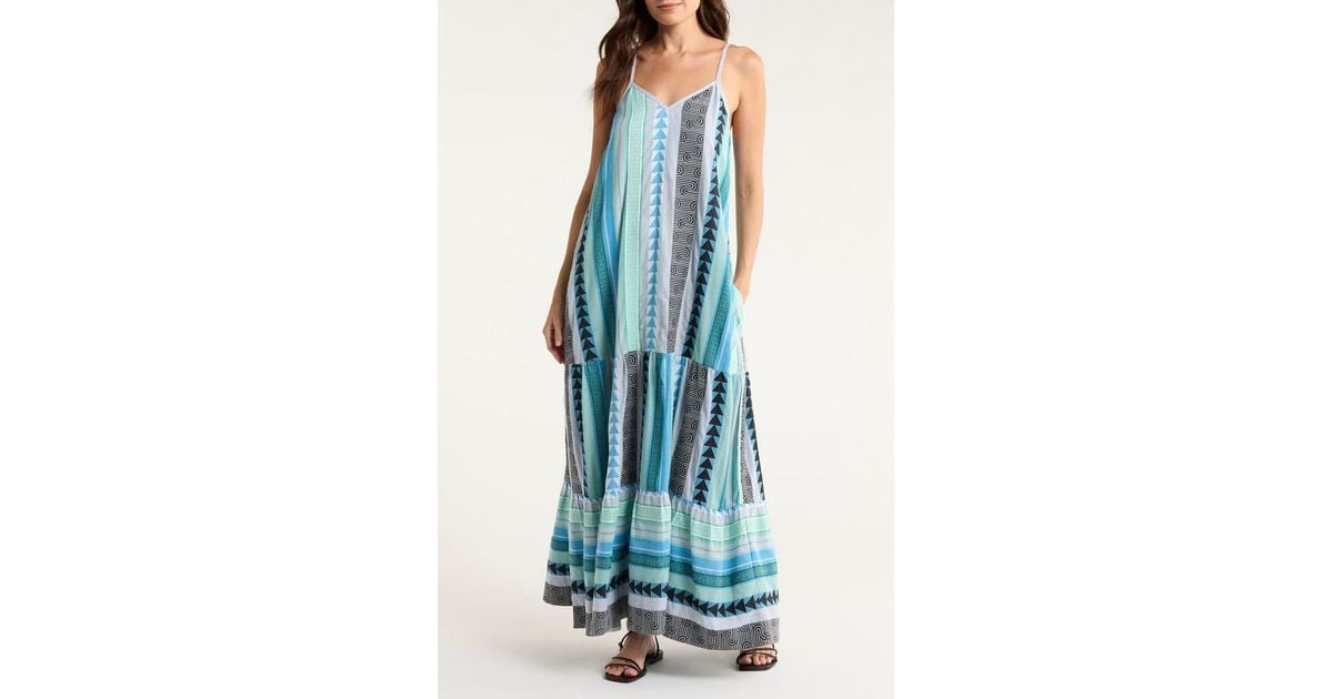 Elan Embroidered Tiered Cotton Blend Cover-Up Maxi Dress in Blue | Lyst