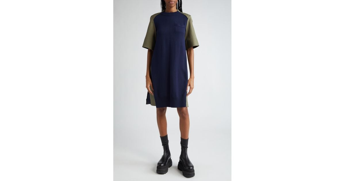 Sacai Cotton Gabardine & Sweater Knit Hybrid Dress in Blue | Lyst