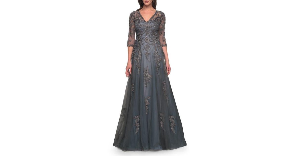 Sher Beautiful La Femme Beautiful A-Line Tulle And Lace Dress With Sheer Sleeves in ...