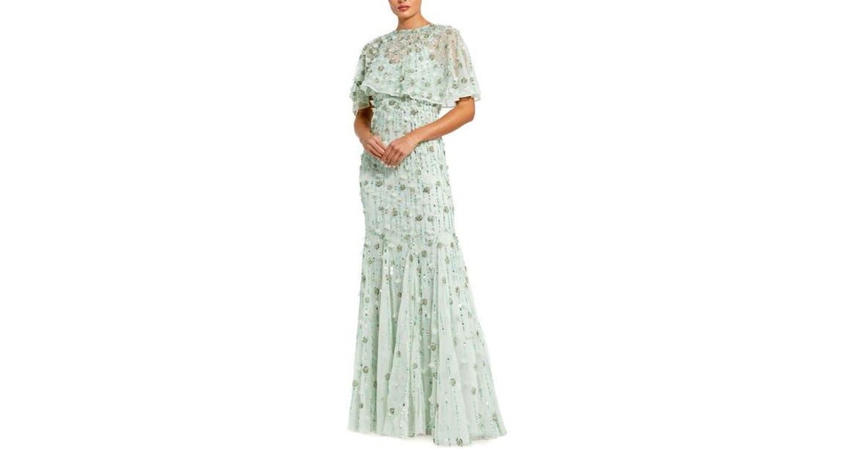 Mac Duggal Embellished Illusion Cape Sleeve Trumpet Gown in
