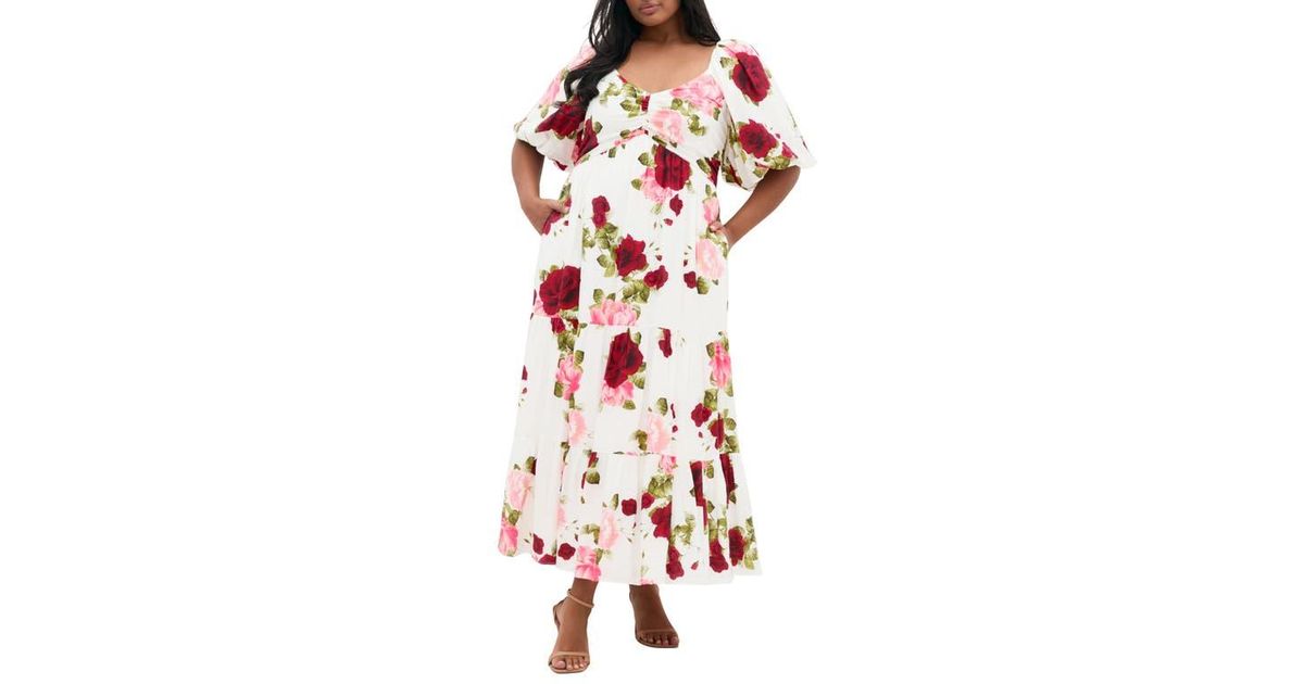 City Chic Mindy Floral Print Puff Sleeve Maxi Dress in Red | Lyst