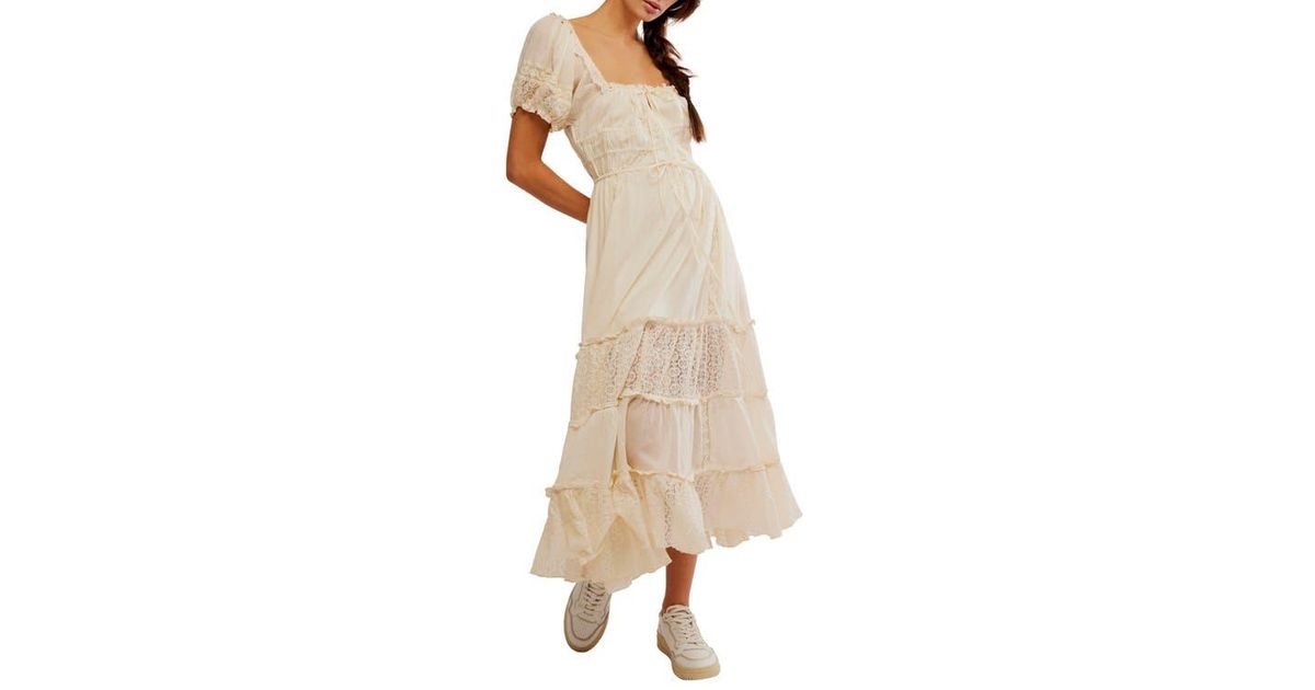 Free People Falling Sun Puff Sleeve Midi Dress in Natural | Lyst
