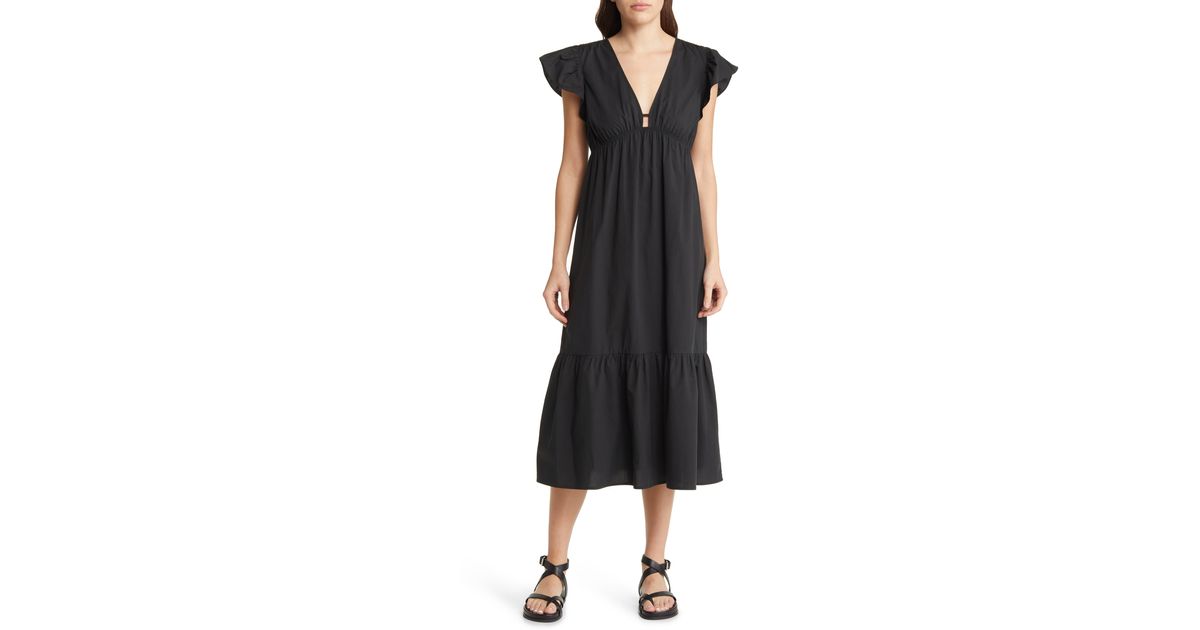 Rails Tina Flutter Sleeve Cotton Blend Midi Dress in Black | Lyst