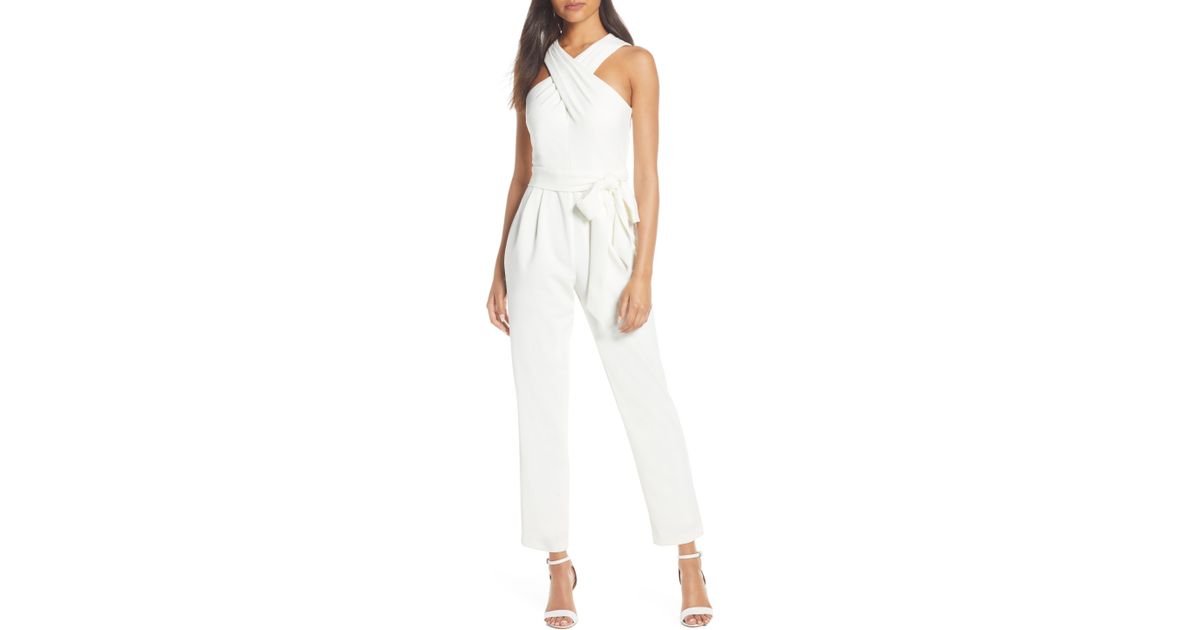 eliza j cross neck belted crepe jumpsuit