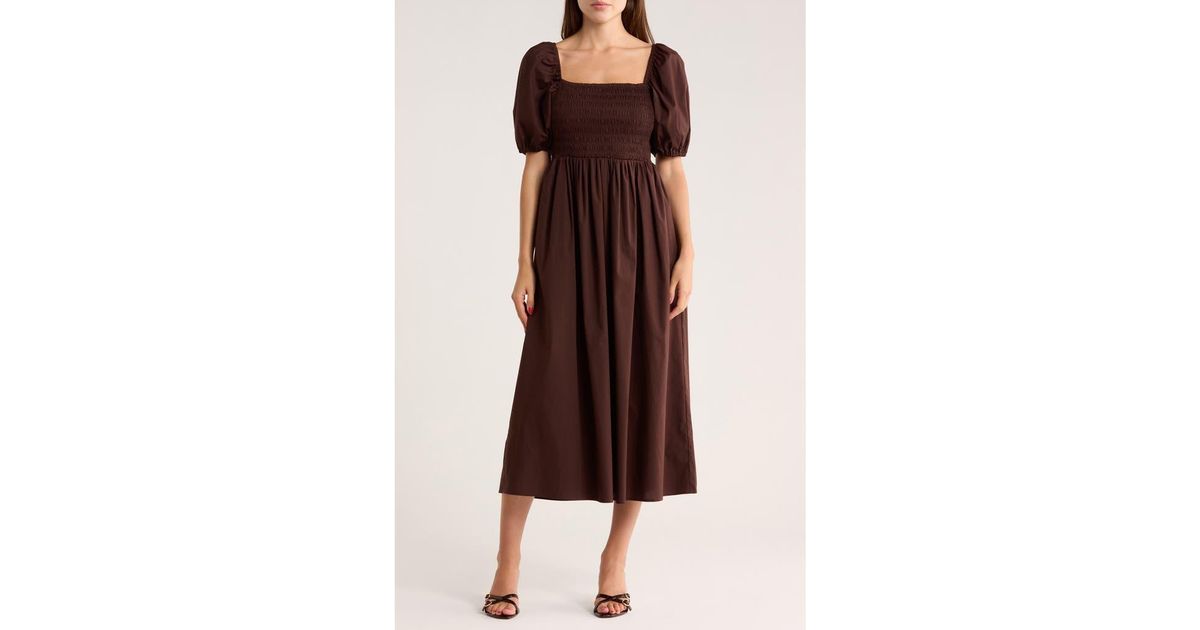 wayf brown dress Puff Sleeve Smocked Midi in Dot midi Color:Bermuda HS26_D1 How to Sew a 34.5 inch hips in