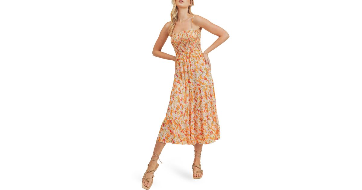 Lush Smocked Midi Dress In Orange Yellow Floral At Nordstrom Rack | Lyst