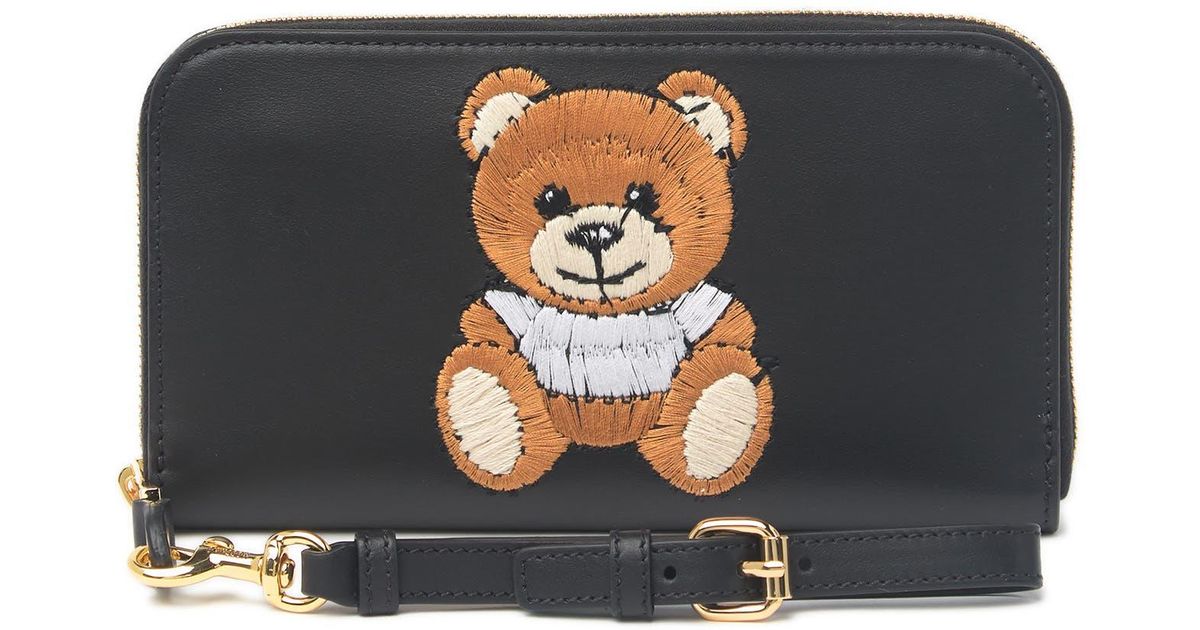 Moschino Bear Logo Embroidered Leather Wristlet Continental Wallet In