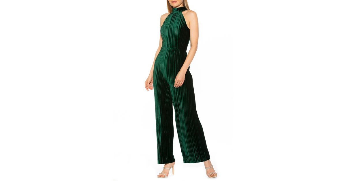 Alexia Admor Meghan Pleated Velvet Wide Leg Jumpsuit In Emerald At