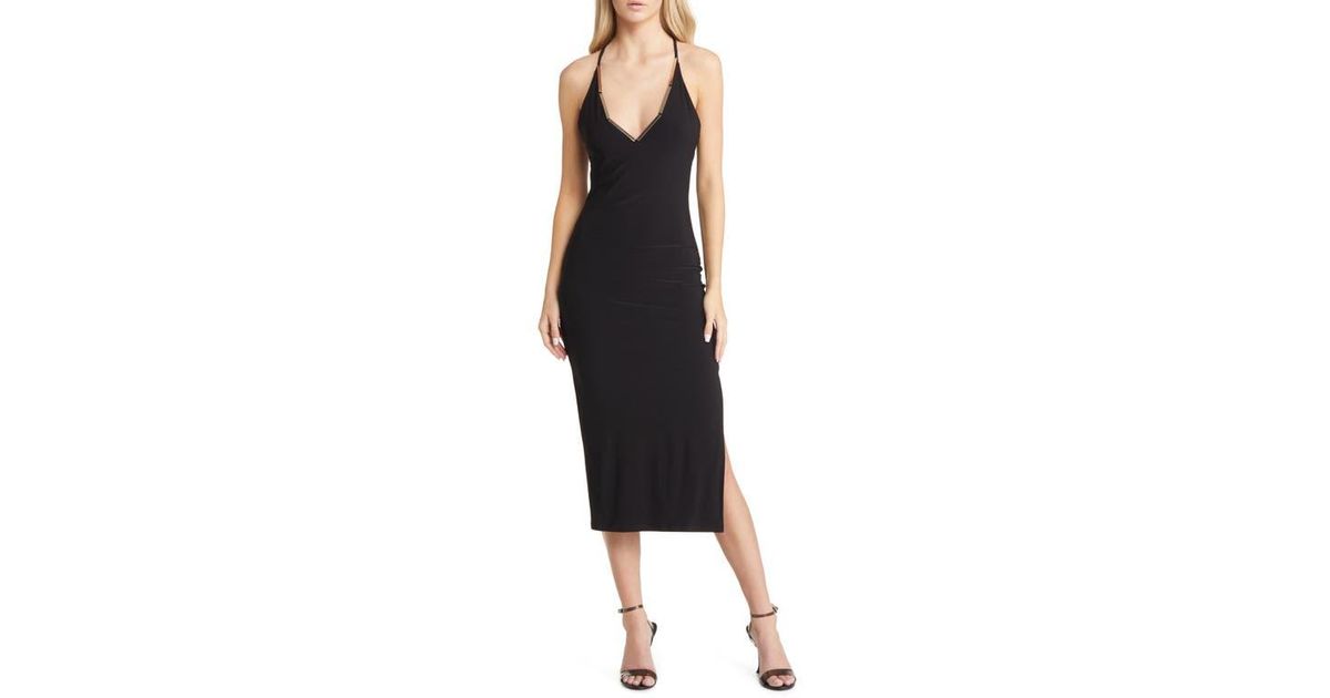 bebe black dress with gold Golden Bar Halter Body-Con Midi in styleattribute-flowy styles